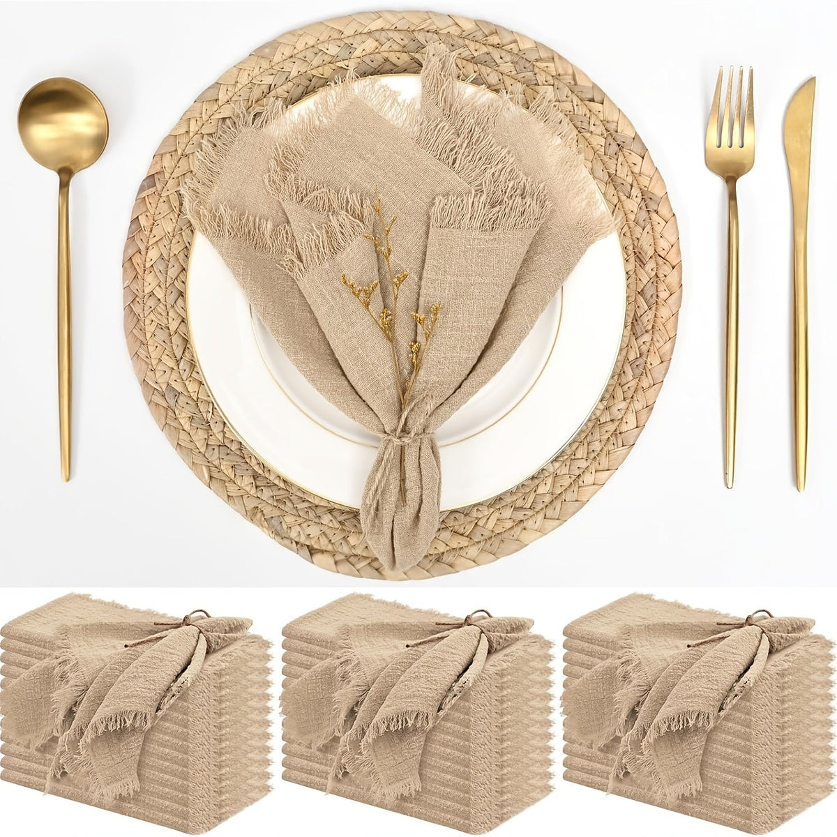 KIT de 36 Guardanapos de Gaze com Acabamento Dourado