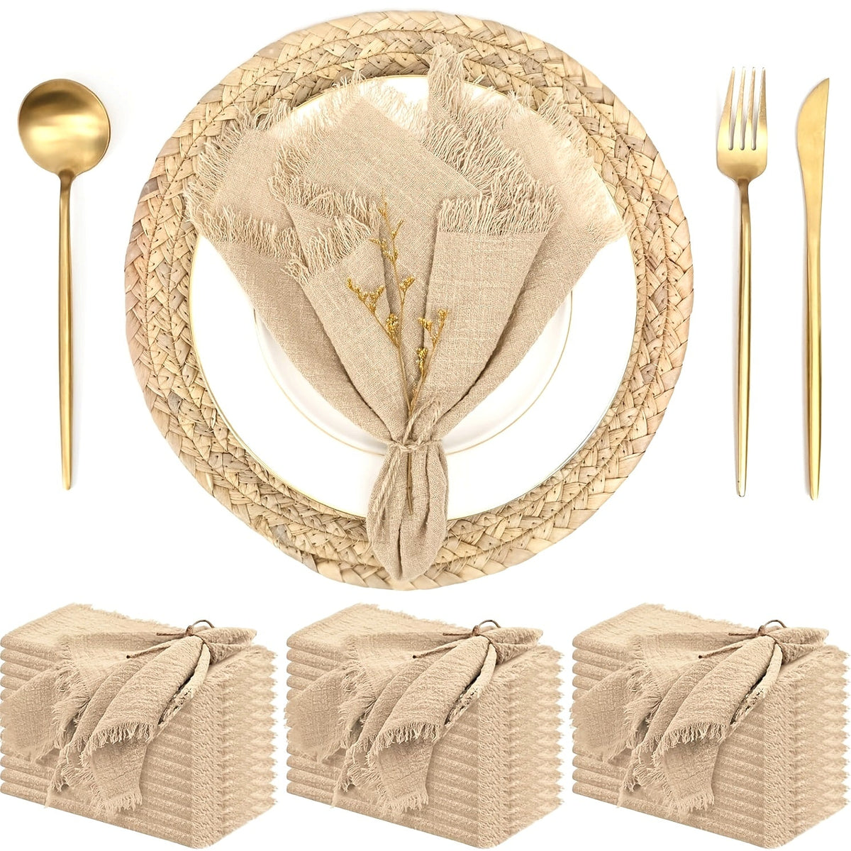 KIT de 36 Guardanapos de Gaze com Acabamento Dourado