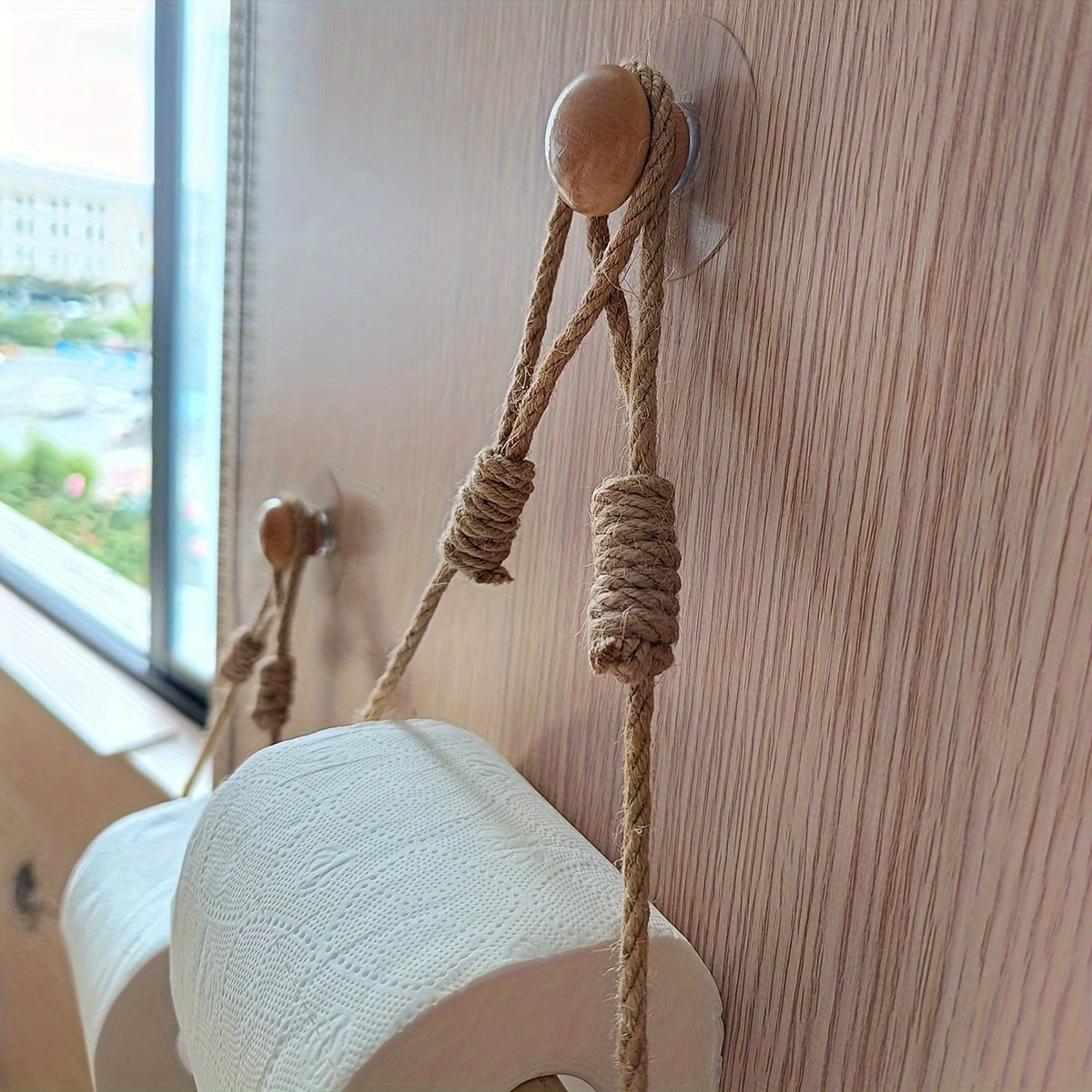 Rustic Jute Rope &amp; Wood Toilet Paper Holder