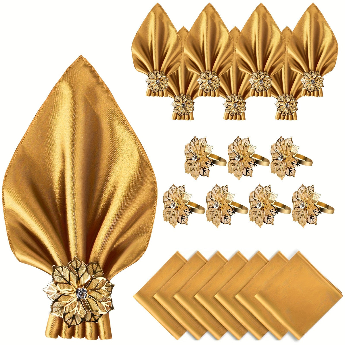 Kit de 14pcs 07 Guardanapos Luxosos de Cetim + 07 Argolas de Luxosas