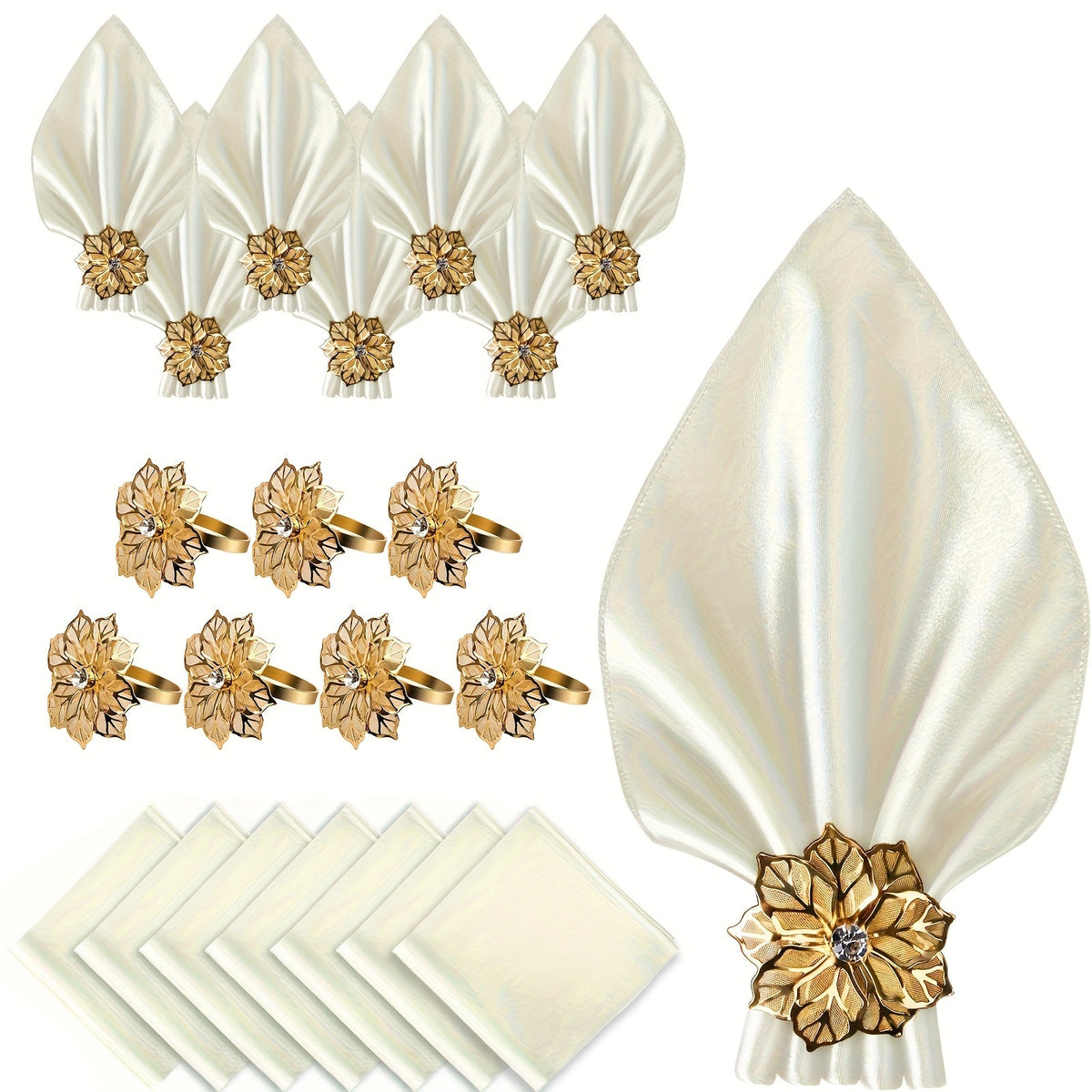 Kit de 14pcs 07 Guardanapos Luxosos de Cetim + 07 Argolas de Luxosas