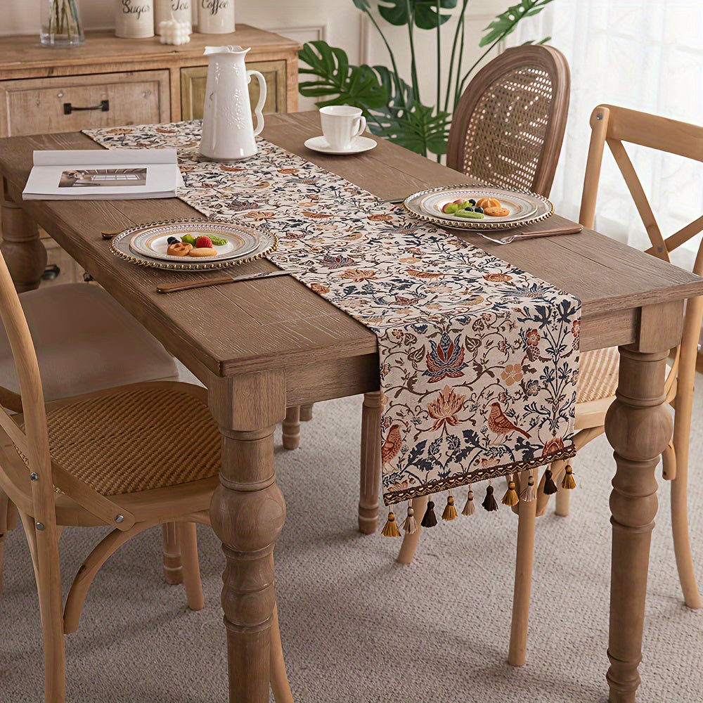 Caminho de Mesa Jacquard Floral & Pássaros