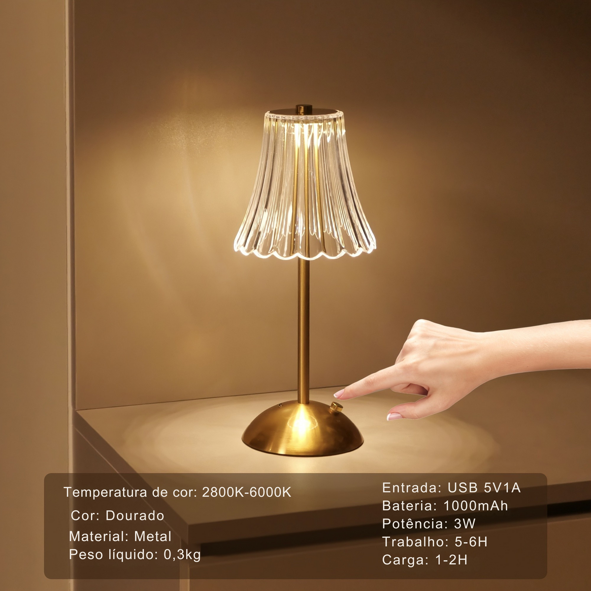 Luminária de Mesa Tricolor LED Cristal Touch
