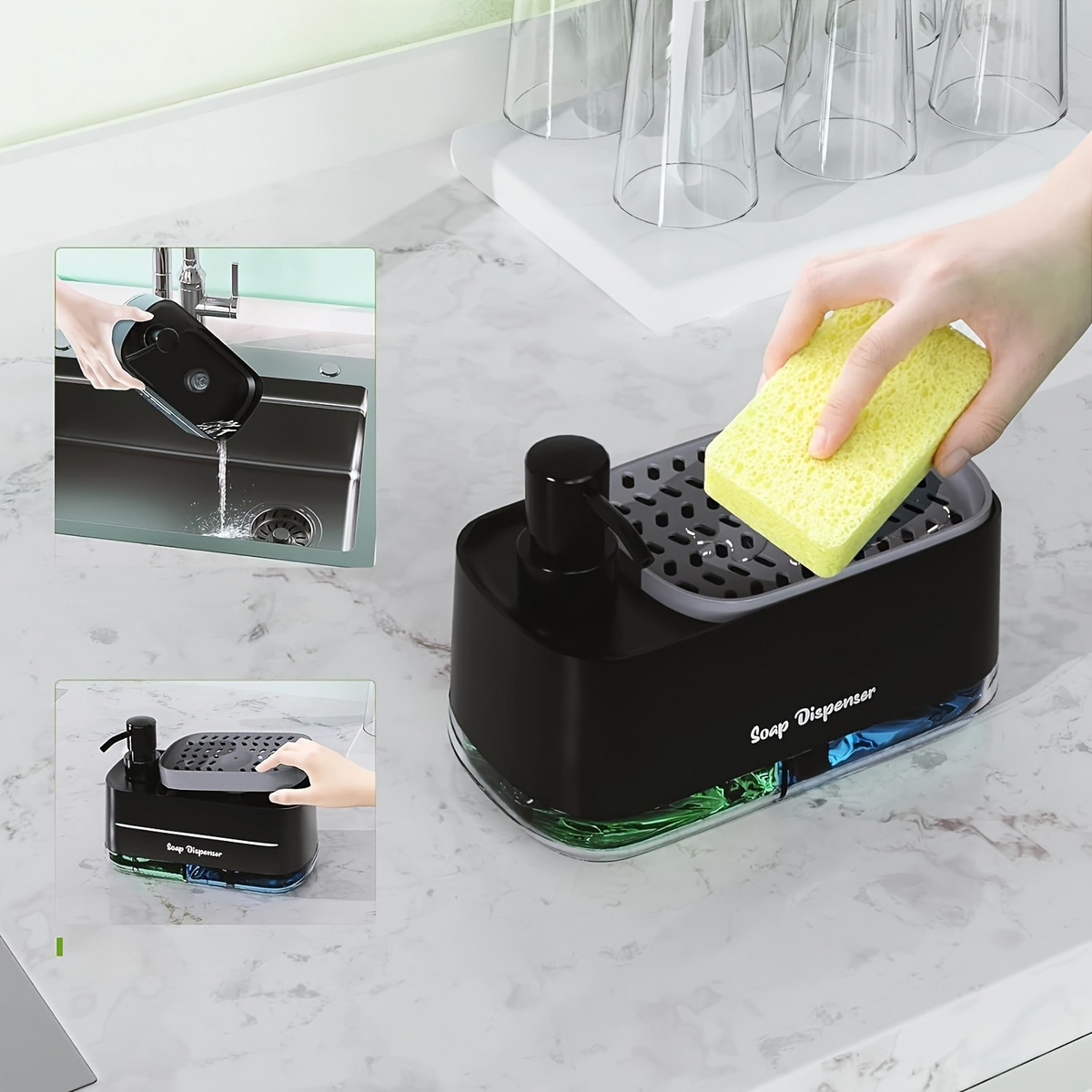 Dispenser de Sabão 4 em 1 com Porta-Esponja Compacto