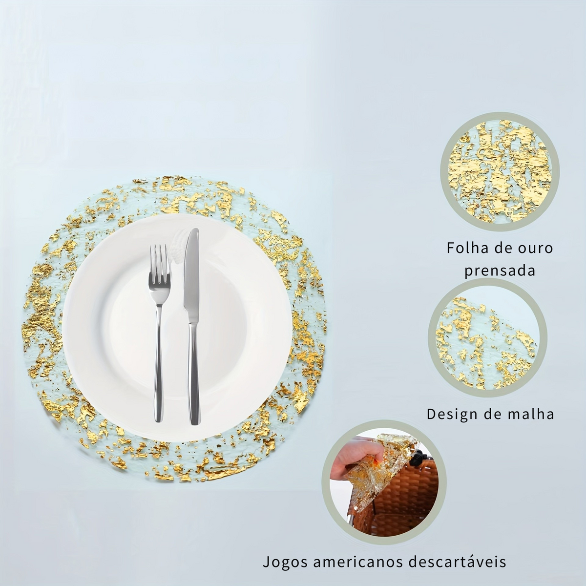 Jogo de Mesa Descartável em Malha Dourado Luxo