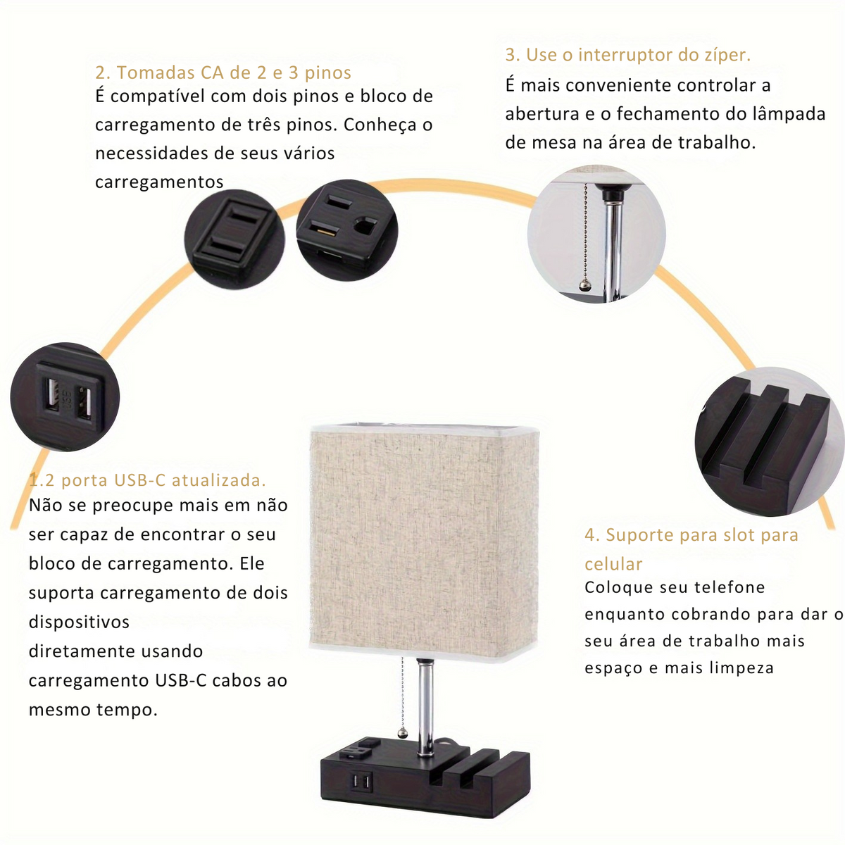 Luminária de Cabeceira LED 3 Cores, USB + Tomada AC Controle por Zíper
