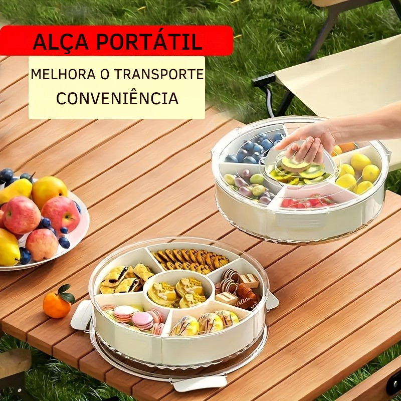 Bandeja Giratória para Petiscos com 6 Compartimentos e Tampa