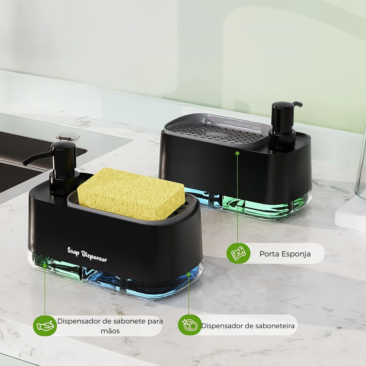Dispenser de Sabão 4 em 1 com Porta-Esponja Compacto