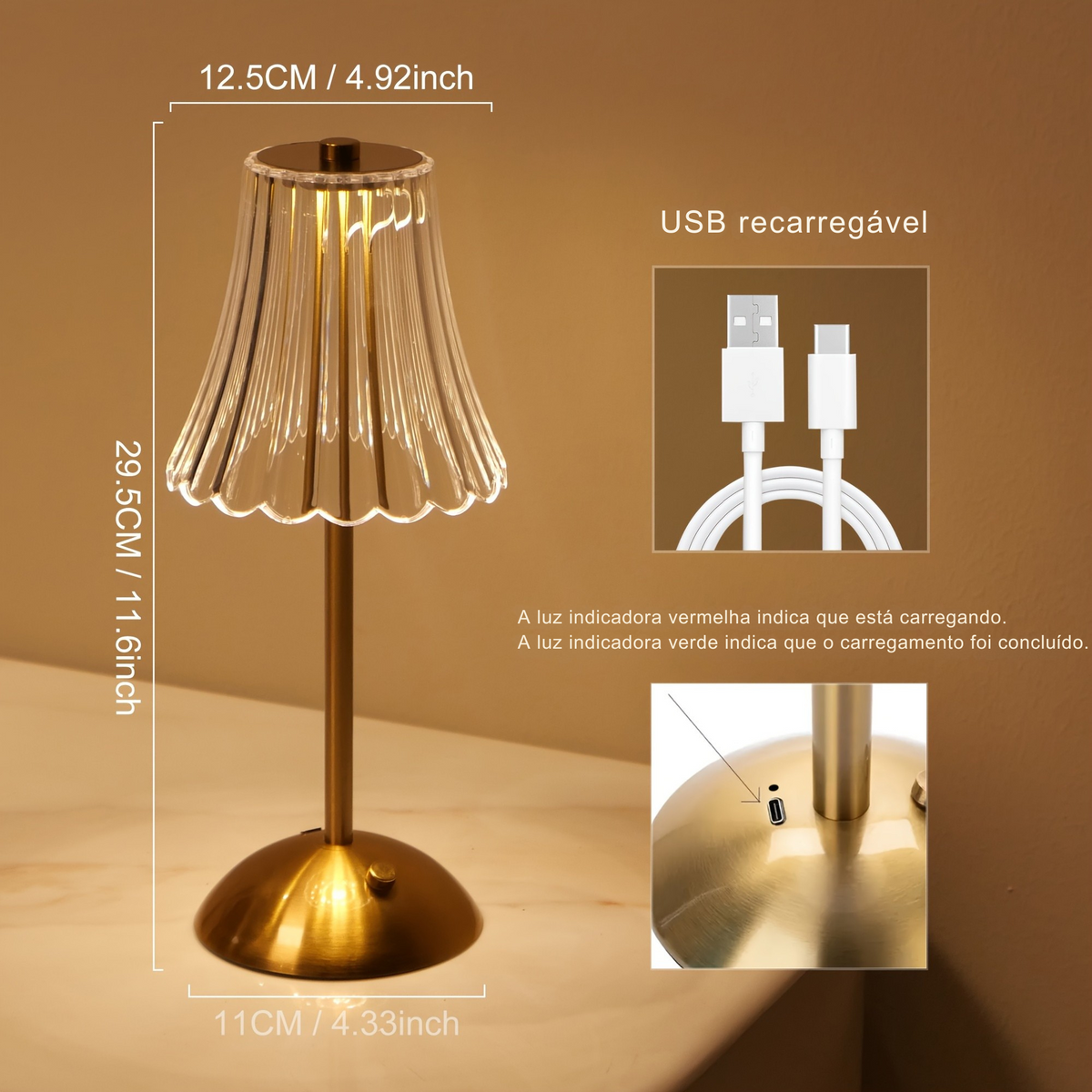 Luminária de Mesa Tricolor LED Cristal Touch