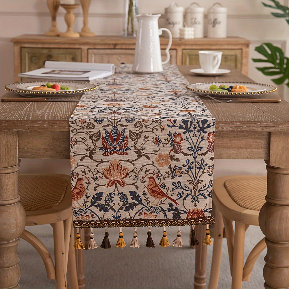 Caminho de Mesa Jacquard Floral & Pássaros
