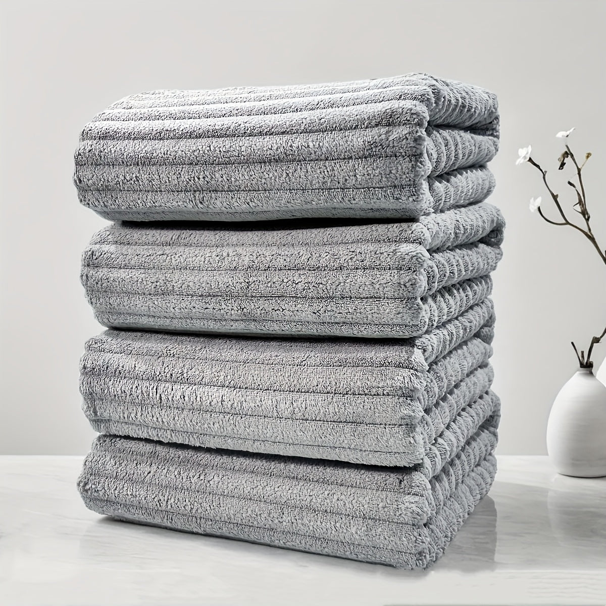 Conjunto de Toalhas de Banho Listradas em Coral Fleece