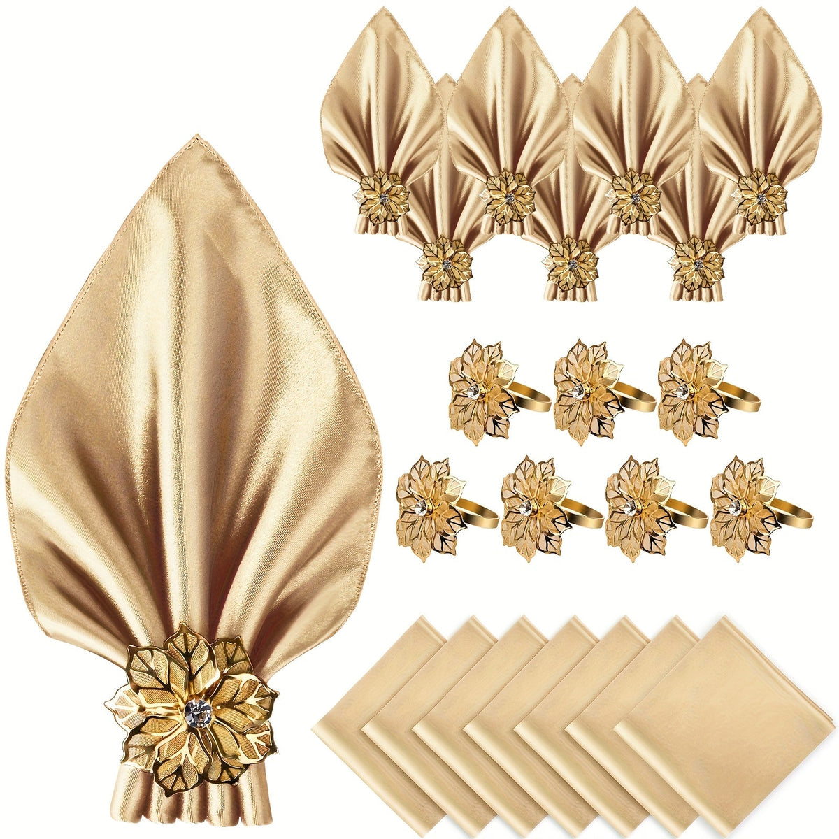 Kit de 14pcs 07 Guardanapos Luxosos de Cetim + 07 Argolas de Luxosas