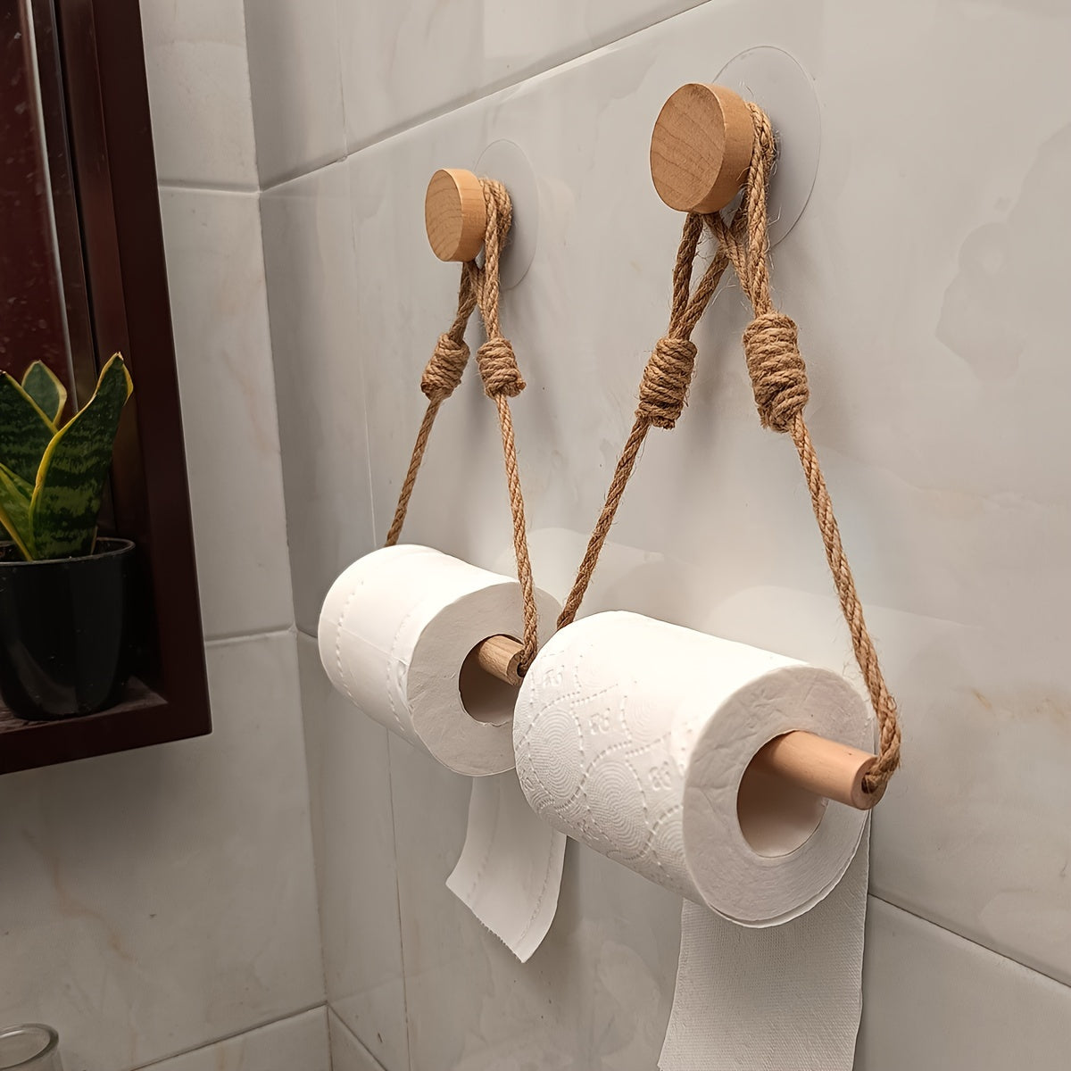 Rustic Jute Rope &amp; Wood Toilet Paper Holder