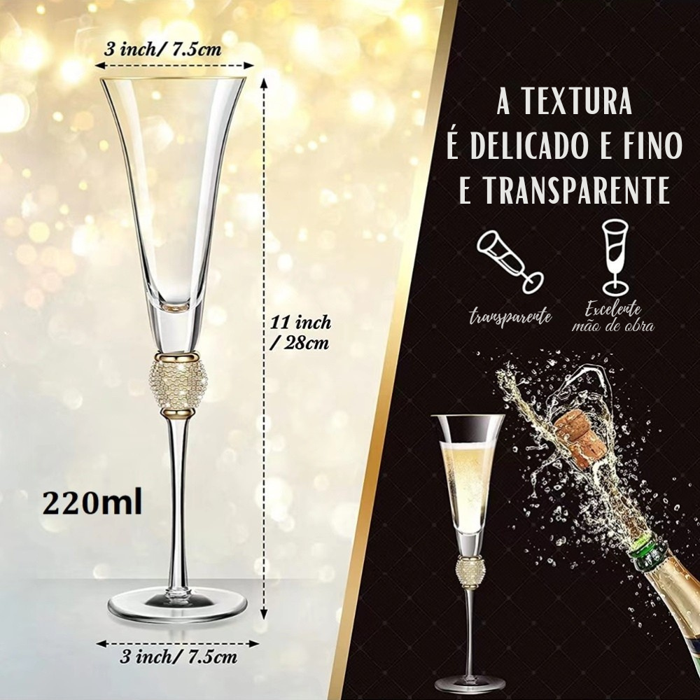Conjunto Taças de Champanhe com Strass Feito à Mão